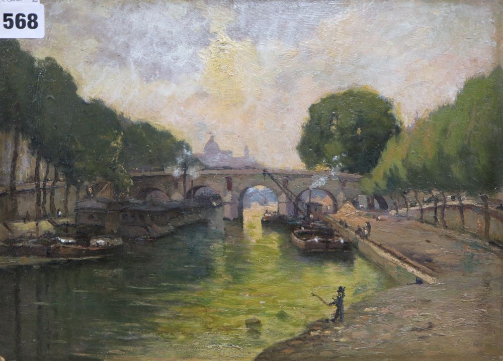 French School 1917, oil on board, Pont Marie, label verso, 24.5 x 34cm